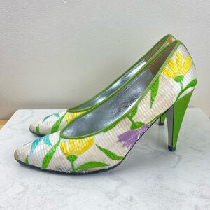 VINTAGE CHARLES JOURDAN PARIS DESIGNER MADE IN FRANCE SEQUIN FLORAL HEELS